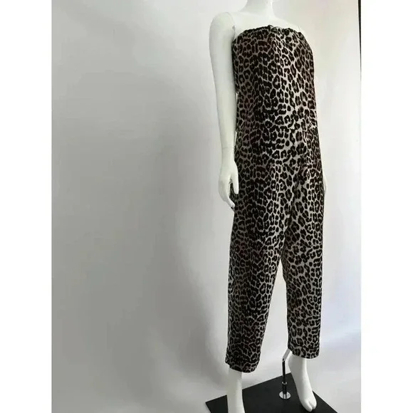 987 Ganni Leopard Print Jumpsuit Size 34 Color Cream Brown - Picture 2 of 7